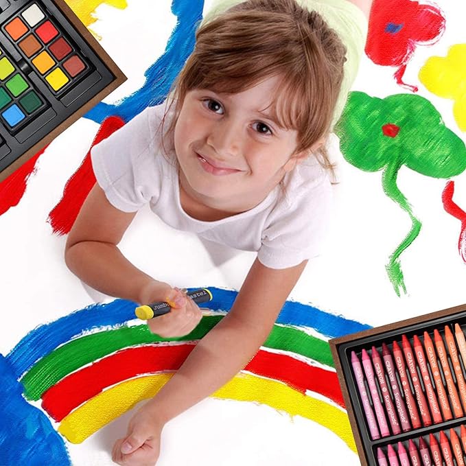 Sunnyglade 145 Piece Deluxe Art Set, Wooden Art Box & Drawing Kit with Crayons, Oil Pastels, Colored Pencils, Watercolor Cakes, Sketch Pencils, Paint Brush, Sharpener, Eraser, Color Chart (Tan)