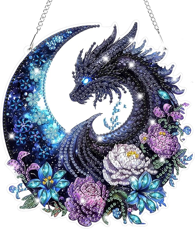 Bowetile Dragon Diamond Art Hanging Kits for Adults, 5D Special Shape Diamond Painting Flowers Pendant Kits, Gem Art Suncatchers Painting Window Ornament for Home Garden Wall Decor