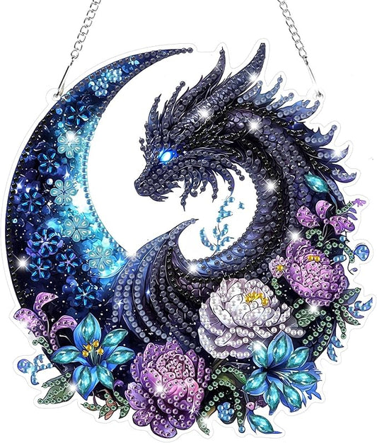 Bowetile Dragon Diamond Art Hanging Kits for Adults, 5D Special Shape Diamond Painting Flowers Pendant Kits, Gem Art Suncatchers Painting Window Ornament for Home Garden Wall Decor