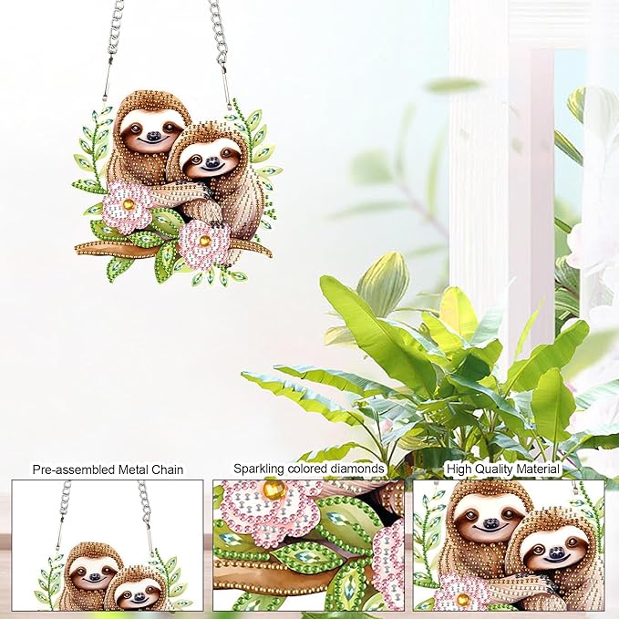 AiYuanzsh Diamond Art Painting Pendant Kits Animal 5D Diamond Painting Art Hanging Kit Cute Brown Sloth DIY Diamond Crystal Window Pendant Kit for Adults Gift Wall Home Decoration