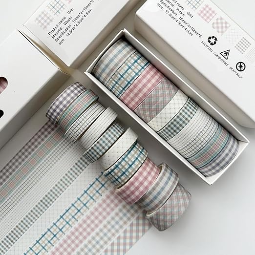 YUBBAEX 10 Rolls Vintage Washi Tape Set Basic Masking Retro Artwork Decorative Tapes for Arts, DIY Crafts, Journals, Planners, Scrapbook, Wrapping (Grid)