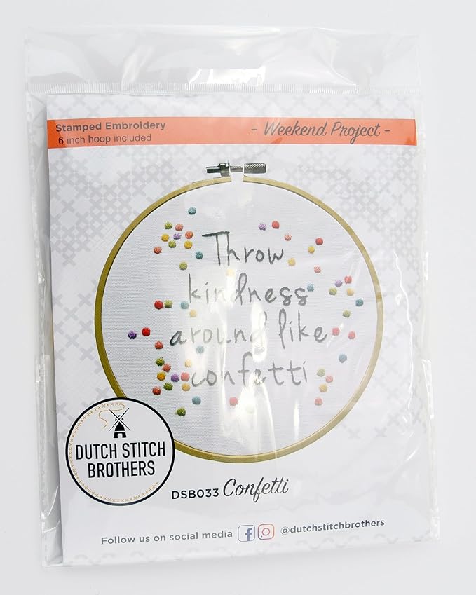 DUTCH STITCH BROTHERS Confetti Embroidery Starter Kit with Pattern and Instructions. Stamped Embroidery Kits with Embroidery Clothes with Pattern. 6" Embroidery Hoop