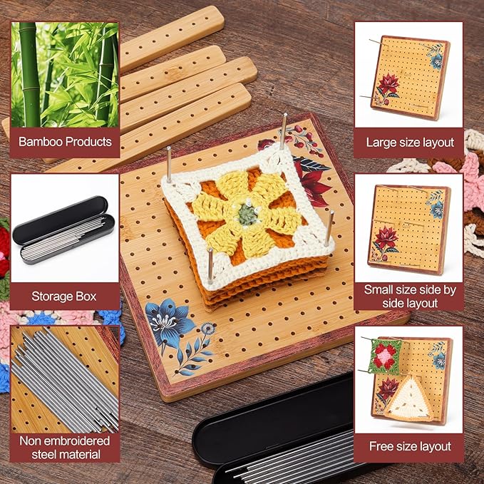 7.8”Crochet Blocking Board - Upgraded Style with 4 Tension Rods and 20 Pegs – Blocking Boards for Crochet Projects, Ideal for Granny Square Card Deck Users(Crimson)