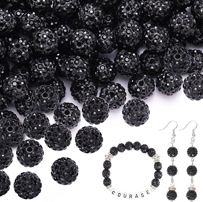 200pcs 10mm Black Rhinestone Beads for Jewelry Making, Shiny Round Shamballa Disco Ball Beads Bulk, Sparkle Crystal Clay Christmas for Bracelet Baseball Necklace Earring Crafting and DIY