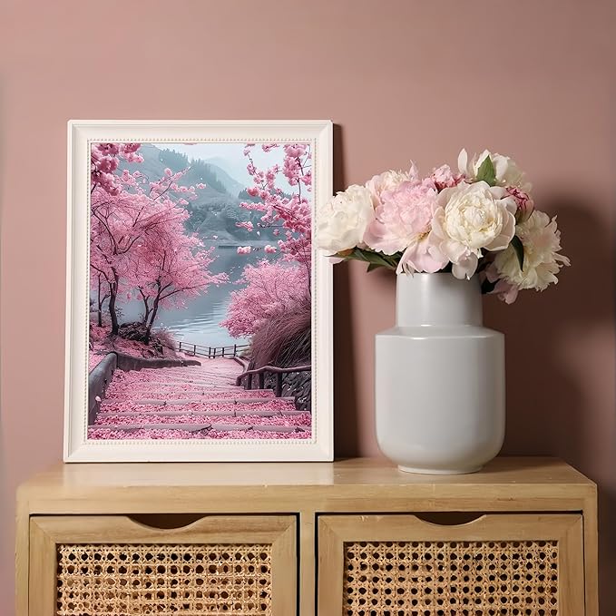 Diamond Art Kits for Adults Cherry Blossom Road, DIY 5D Diamond Painting Kit for Beginners, Full Round Drill Gem Art Dots for Adults, Diamond Dots Paintings Crafts Home Wall Decor 12X16 Inch