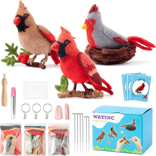 WATINC Needle Felting Kit - 3 Set Unique Different Cute Doll Wool Felt Needle Tools Foam Pad Instruction, DIY Home Decoration Craft Party Supplies for Art Work Starter Beginners (Cardinal)