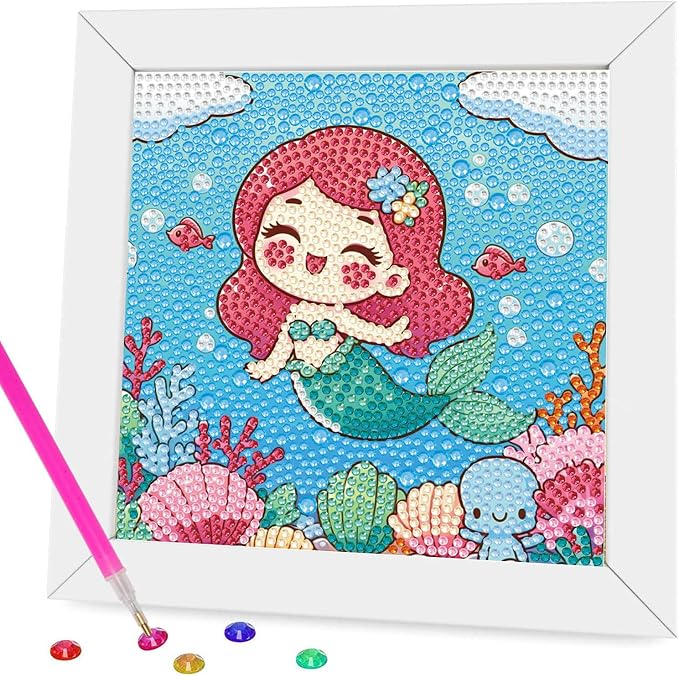 Dlylust Mermaid Diamond Art Kits for Kids with Frame, Gem Art for Kids Ages 4-8-12, Easy Diamond Painting Kit with Beautiful Package for Gift Home Wall Decor