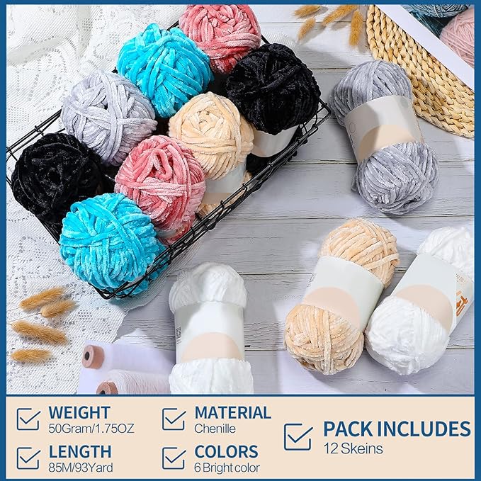 Xinnun 12 Skeins 1116 Yards Chenille Velvet Soft Thick Plush Yarn Bulk for Crocheting Knitting Blanket DIY Weaving Craft, 6mm, 3.5 Oz/Skein(Multi Colors)