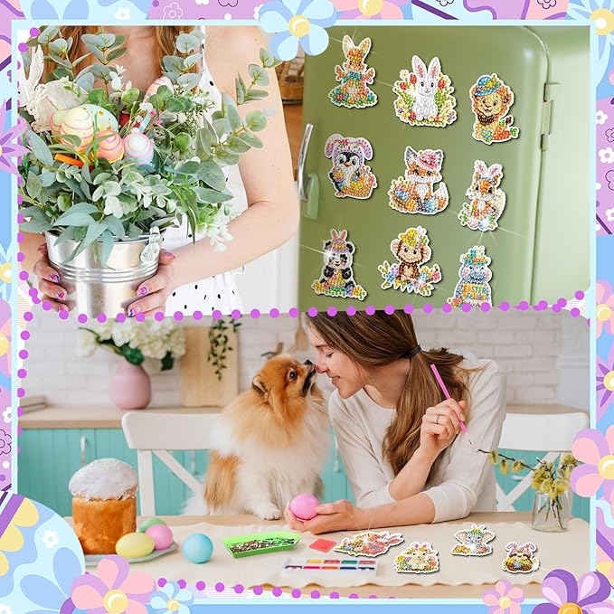 Xuhal 30 Pcs Easter Diamond Painting Magnets Easter Diamond Art Magnet Kits for Adults Bunny Flower Animal Refrigerator Magnetic Sticker Chicken 5D Rhinestone Fridge Sticker for DIY Crafts Fridge Gift