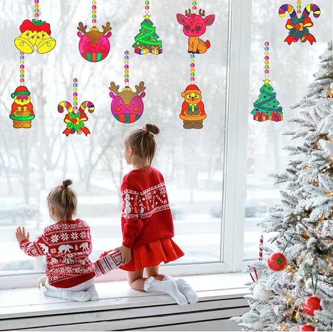 Ayhuhra 30 Sets Christmas Suncatcher Crafts DIY Glow in The Dark Window Paint Art Kit Creative Window Ornaments for Classroom Christmas Holiday Seasonal Home Activities Party Art Project