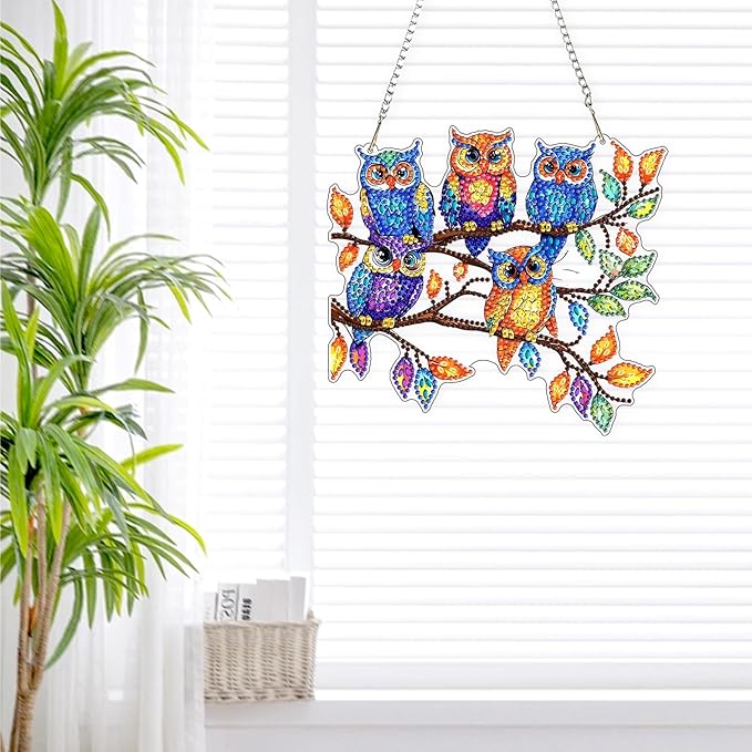 Lxmsja DIY Colorful Owls Diamond Painting Hanging Ornament, Double-Sided Acrylic Tree Branch Diamond Art Kit, Special Shaped Suncatcher Hanging Pendant Window Art Kit 7x8 inch
