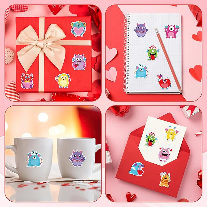 beyumi valentine colorful monster sticker - 1000pcs valentine's day cute monsters stickers in 2 rolls adhesive decorative sticker waterproof decal for greeting card envelope party gift decor for kids