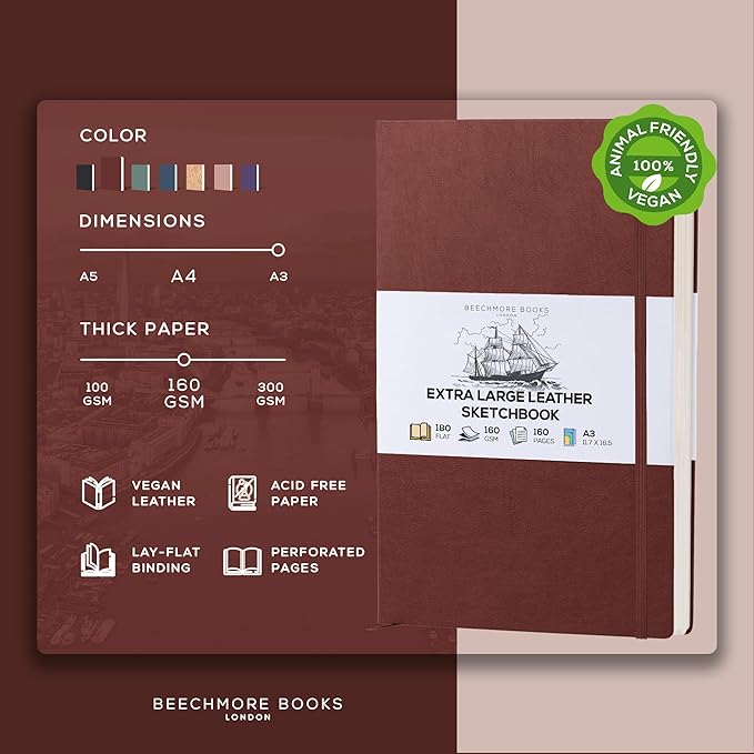 Beechmore Books A3 Mixed Media Sketchbook - 11.7x16.5 Extra Large Professional Studio Drawing Pad, 160 GSM / 98 lb Perforated Ivory Paper, Hardcover Lay-Flat Design, Gift Box for Artists & Watercolor