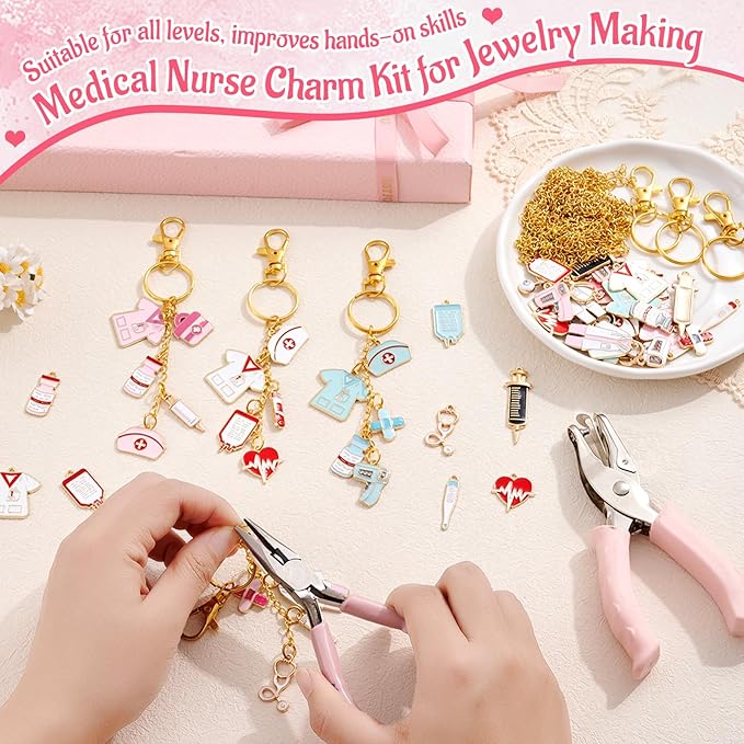 254 Pcs Medical Nurse Lip Gloss Keychain Charms Making Kit Include Assorted Stethoscope Enamel Charms Keychain Clips Extender Chains Jump Ring Plier DIY Jewelry Craft Gifts for Women Adults
