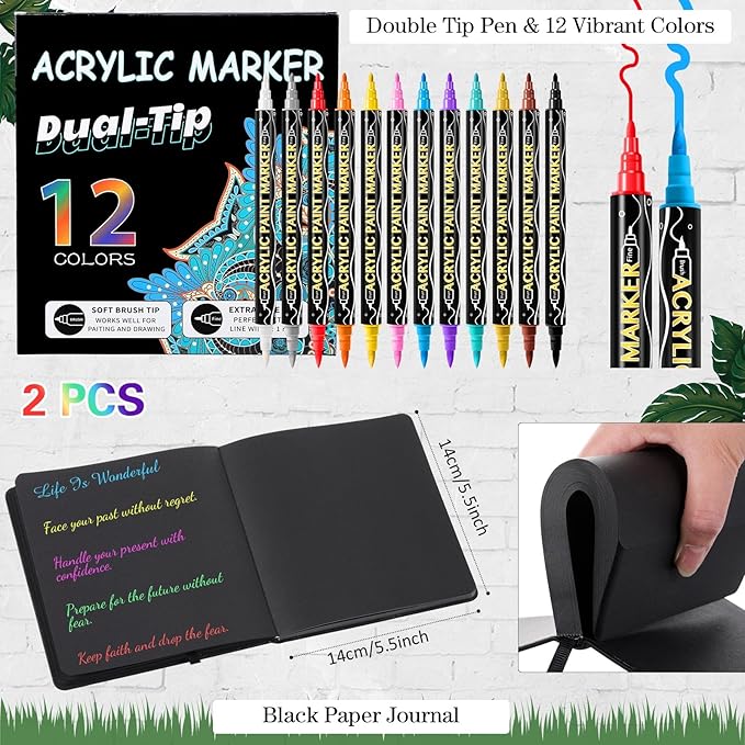 Thenshop 2 Pcs/200 Sheets Black Paper Sketchbook with 12 Metallic Marker Pens Set 5.5 x 5.5 in Black Writing Page Journal Notebook for Colored Gel Pens PU Hardcover Drawing Gifts