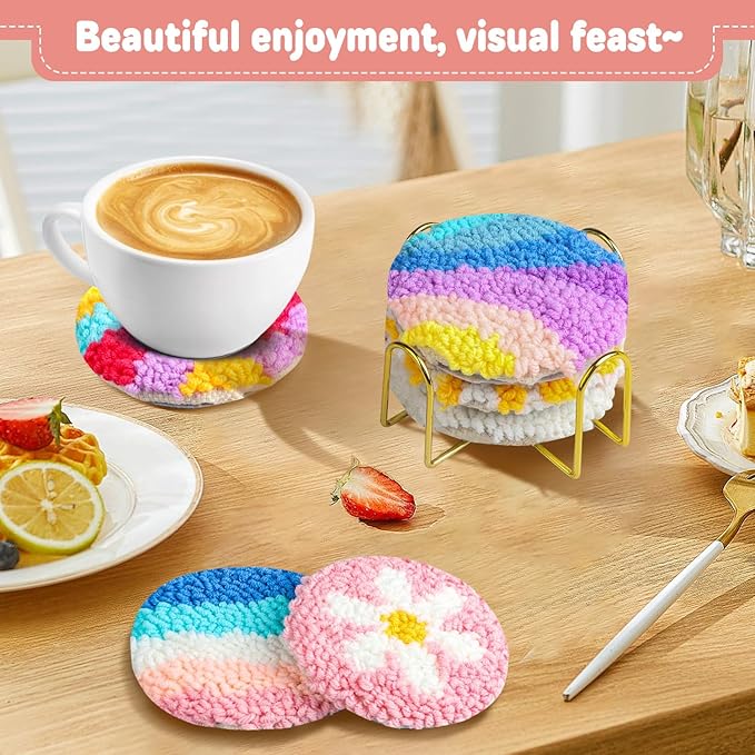 AIRDEA Punch Needle Drink Coasters Kit,Casual Punch Needle Embroidery Complete Kits for Beginner 3.29x3.29 Inches,Included All Accessories,DIY Car Coasters (Pink)