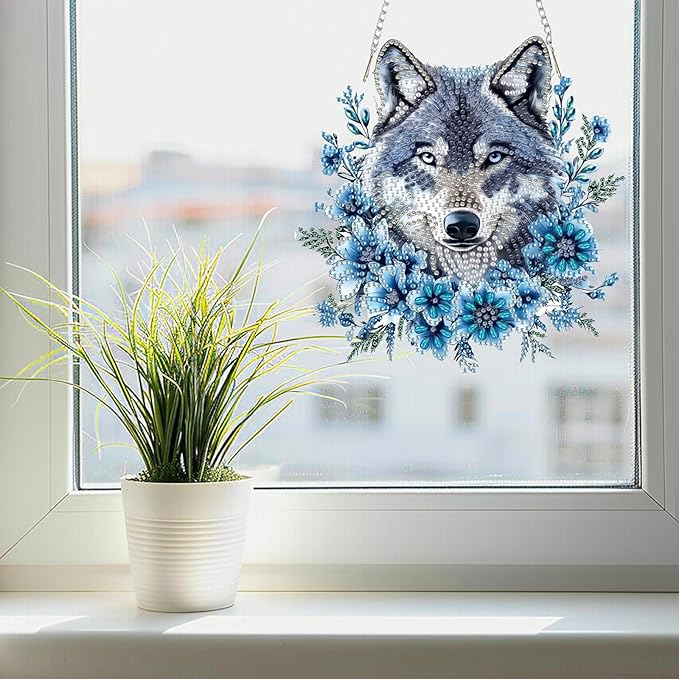 SENQAO Wolf Diamond Art Hanging Kit for Adult, Special Shaped Rhinestone, DIY Acrylic 5D Diamond Art Painting Window Pendants Home Garden Wall Hanging Kits Hanging Ornament