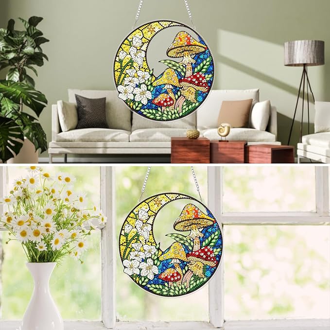 MXJSUA Moon Flower Mushroom Diamond Painting Art Window Suncatchers, Diamond Art Kits for Adults Hanging Ornaments with Chain, 5D Special Shape Crystal Diamond Pendant Accessories for Decor Gift