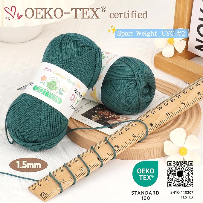 Katech Pure Cotton Yarn for Crocheting & Knitting–Soft Sport Weight CYC #2, 6 Skeins (50g Each, 300g Total), Ideal Crochet Yarn for Dishcloths, Baby Clothes, Socks, Lightweight Scarves（Slate Green）