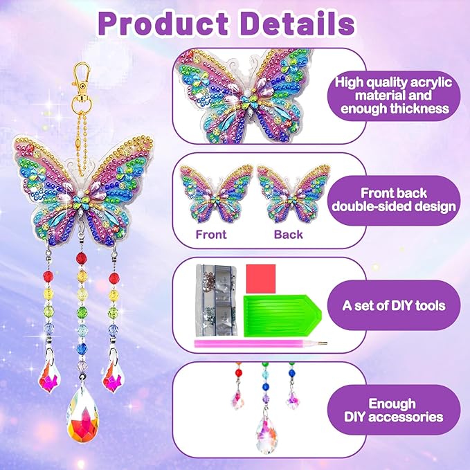 Arts and Crafts for Kids 6-12, Birthday Gifts for Girls, DIY Diamond Painting Kits for Kids Teens Adults, Butterfly Sun Hummingbird Wind Chimes for Home Garden Decor