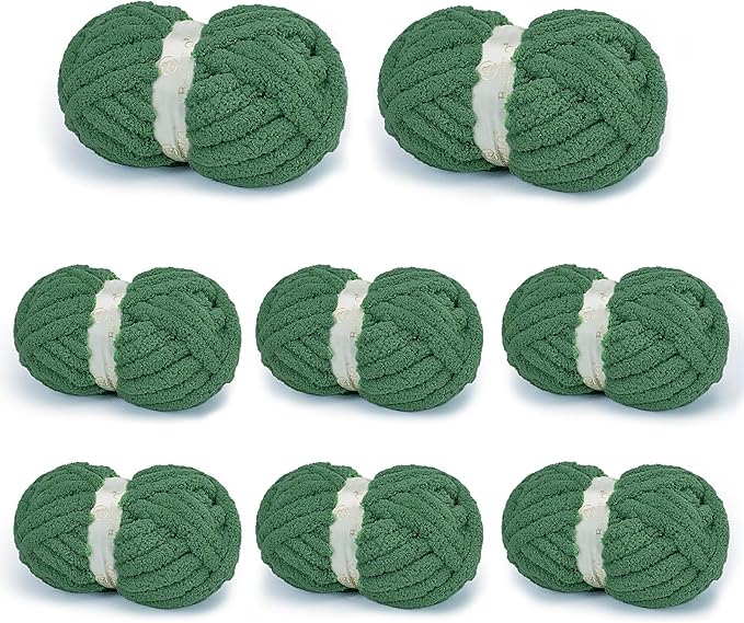 Chunky Yarn for Hand Knitting, Chunky Chenille Blanket Yarn for Crocheting, Bulky Soft Fluffy Chenille for Blanket Project, 8 Pack of 8oz/25yds, Dark Green