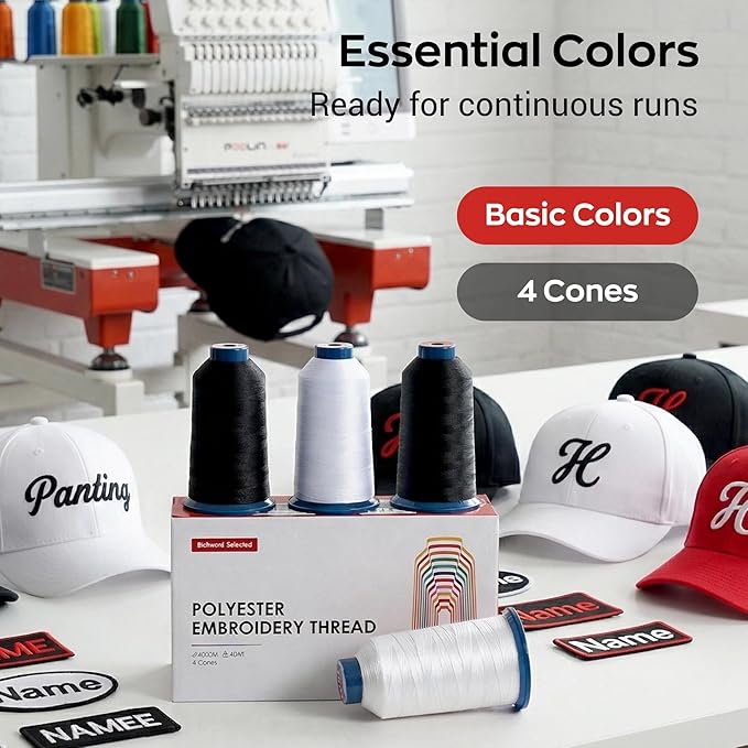 Poolin Black and White Embroidery Thread Set – Richword Selected 4 Rolls, 40WT Polyester 4000M for Home & Commercial Embroidery Machines-4 Red