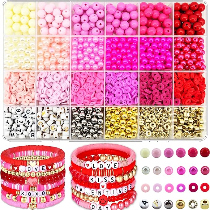 2220Pcs Valentine’s Day Beads for Jewelry Making, Pink Red Polymer Clay Beads Assorted Pearl Beads Acrylic Round Beads Valentines Bracelet Beads Heishi Flat Round Letter Beads Silver Gold Spacer Beads