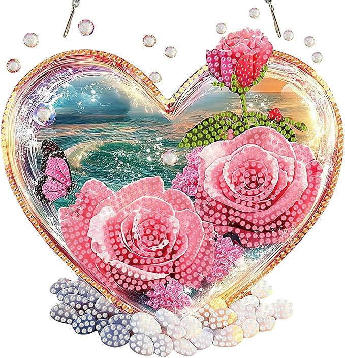 Miwixy Roses in Love Hanging Diamond Art Kits for Adults,Valentine Beach Special Shaped Crystal Diamond Painting Ornament Kit DIY Double-Sided Pattern Window Pendant Gem Art for Home Wall Decor