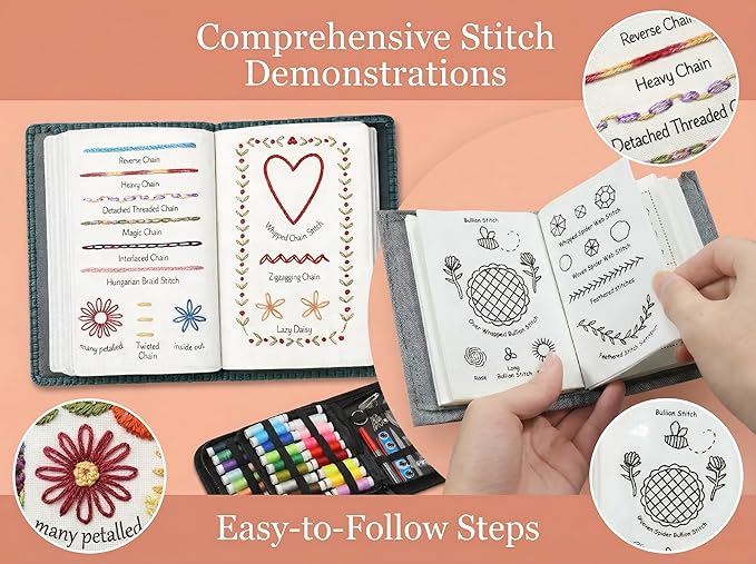 INDCOLOR 2026 Upgraded Embroidery Stitch Book Kit, 106 Patterns with Tools & Tutorials, 86 PCS Beginner Embroidery Kit, Portable All-in-One Hand Embroidery Book for Adults & DIY Craft Lovers