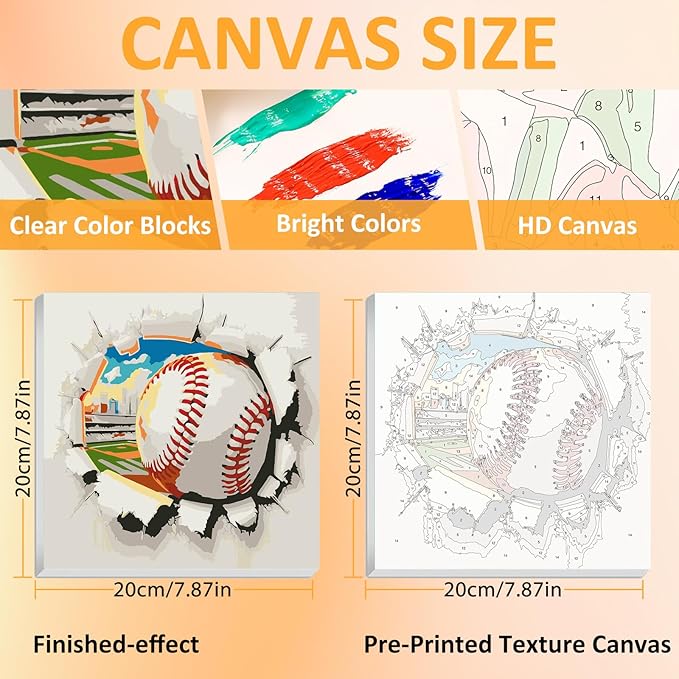 Paint by Numbers Kit for Kids with Frame, Baseball Paint by Numbers for Kids Ages 4-8-12, DIY Baseball Acrylic Oil Painting for Home Wall Art Decor Gift 7.8x7.8 inch (with Frame Easel)