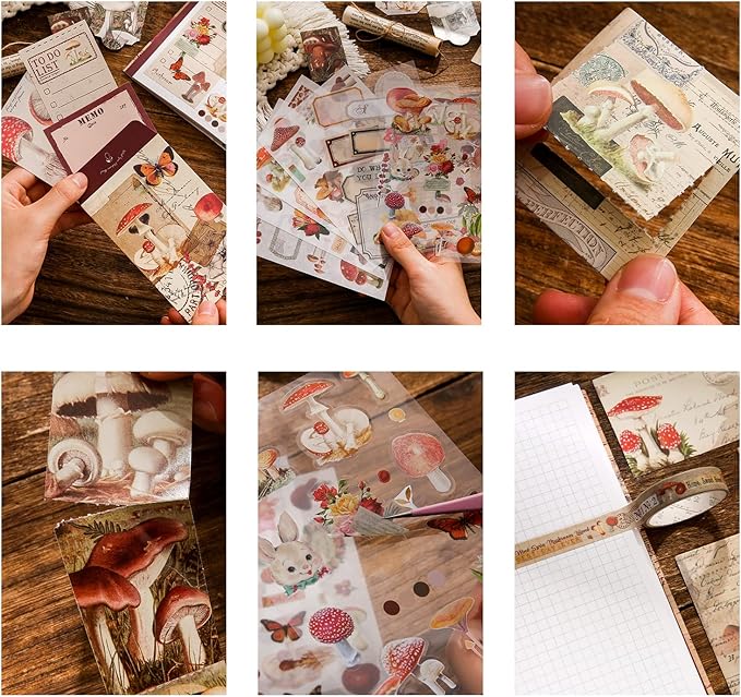 emmoolife Scrapbooking Supplies Kit, Vintage Mushroom Aesthetic Scrapbook Kit for Bullet Junk Journal, Stationery, A6 Grid Notebook, DIY Journaling Supplies, Birthday Craft Gift for Teen Girl Women
