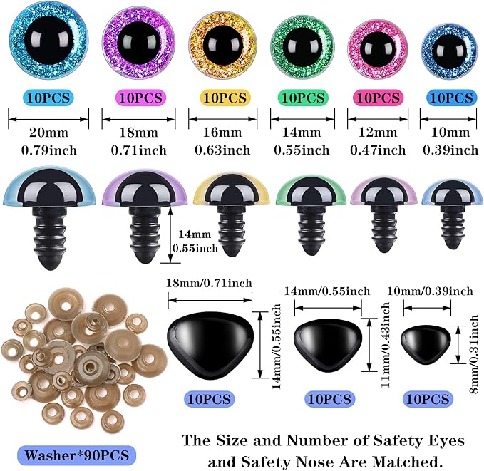 UPINS 180 Pieces 10-20 mm Large Safety Eyes and Nose with Washers for Amigurumi Stuffed Animal Eyes Plastic Craft Doll Crochet Eyes for DIY of Puppet, Bear, Toy Making Supplies (Assorted Colors)