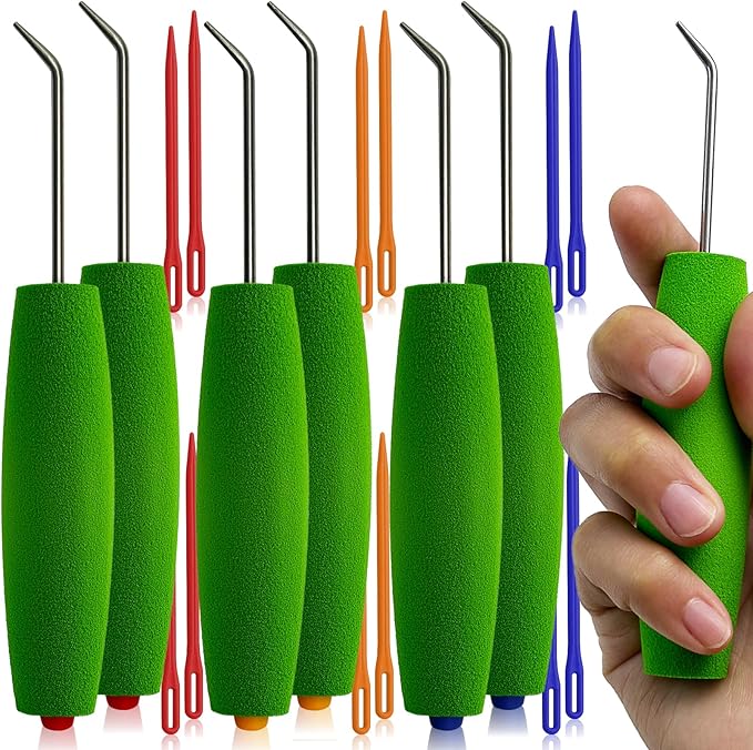 UCDRMA Knitting Loom Hook with Soft Grip, More Comfortable Loom Knitting Hook for Arthritic Hands, 6PCS Longer Loom Crochet Hooks (5.5in) Stainless Steel Yarn Loom Hooks with 12 Sewing Needles (L)