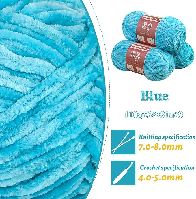 LUNARM Chenille Yarn for Crocheting Knitting, 3 Skein 263 Yard Thick Soft Chunky Fluffy Weaving Plush Yarn for Blankets Clothes Pattern Creations with Big Eye Needles (Blue)