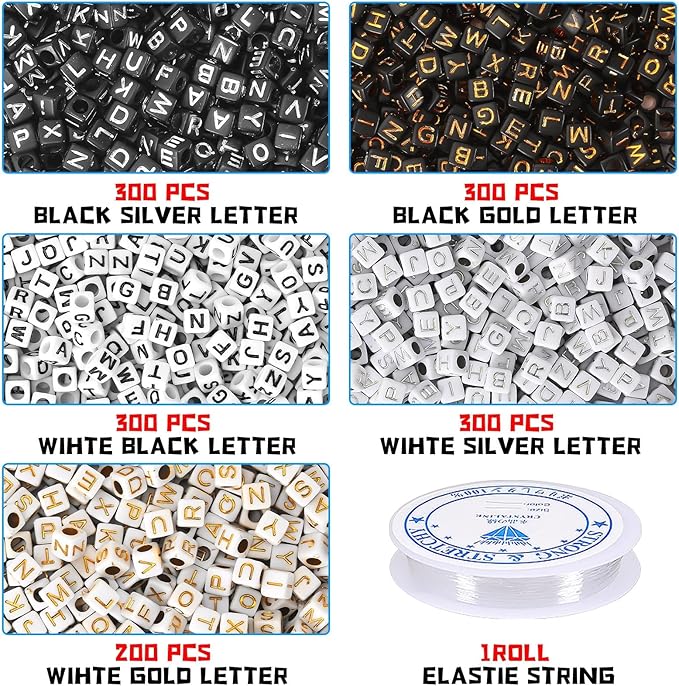Augshy 1400Pcs 5 Colors Square Alphabet Beads A-Z Cube Acrylic Letters Beads for Bracelets Necklaces Phone Lanyard Making with 1 Roll Crystal String Cord for Jewelry Making(6mm)