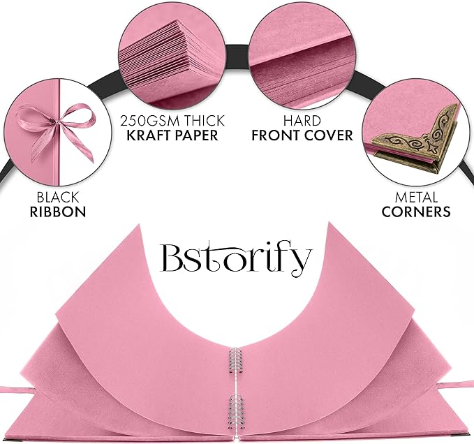 Bstorify Square Scrapbook Photo Albums 80 Pages (11 x 11 Inch) Pink Thick Paper, Hardcover, Ribbon Closure - Ideal for Your Scrapbooking Albums, Art & Craft Projects (Pink, 11 x 11 Inch)
