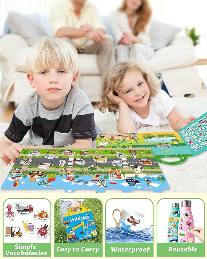 walenced reusable sticker book for toddlers, stickers for kids, toddler sticker book, toddler craft activities, toddler travel toys ages 3 and up boy girl birthday gifts