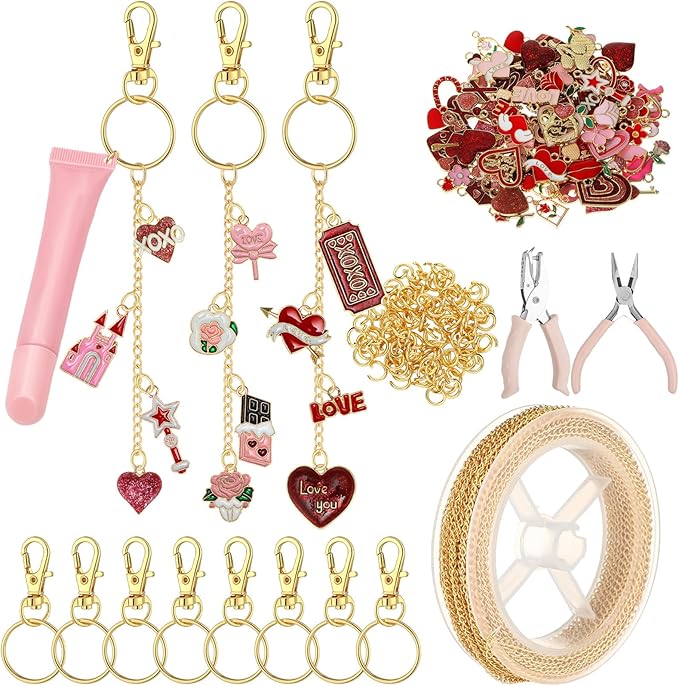 VioraWhite 213 Pcs Galentines Day Lip Gloss Keychain Making Kit Gift 100 Pink Enamel Charms 32.81 ft Gold Chains for Valentine's Day DIY Craft Jewelry Making Friends Women Adults