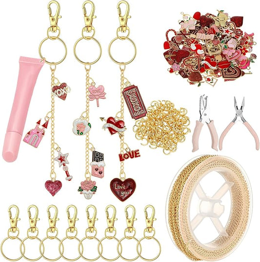 VioraWhite 213 Pcs Galentines Day Lip Gloss Keychain Making Kit Gift 100 Pink Enamel Charms 32.81 ft Gold Chains for Valentine's Day DIY Craft Jewelry Making Friends Women Adults