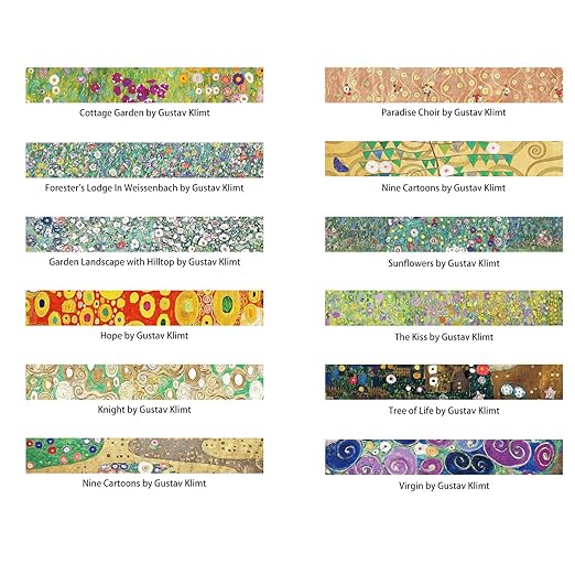Berkin Arts 12 Rolls Art Floral Designs Washi Tape Set - 15 mm Wide Decorative Adhesive Masking Tape Cloisonnism Colorful Flowers Gustav Klimt Series