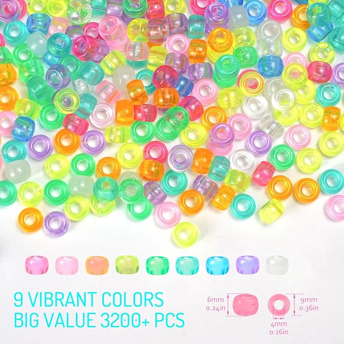 3200+pcs Glow in The Dark Pony Beads for Bracelets, 6x9mm Acrylic Neon Halloween Beads Rave Kandi Charms Kids Hair UV Bead for Braids Girls DIY Jewelry Making Crafts Party Supplies