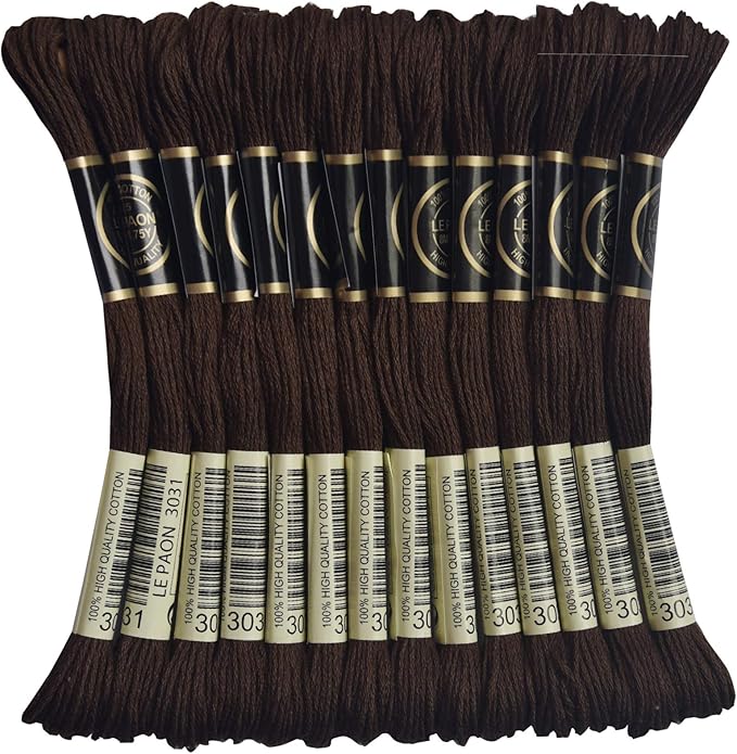 LE PAON Embroidery Floss, 14-Pack Six Strands 100% Long Staple Cotton Embroidery Thread, 8.7-Yard，Color Number：3031,Dark Mocha Brown