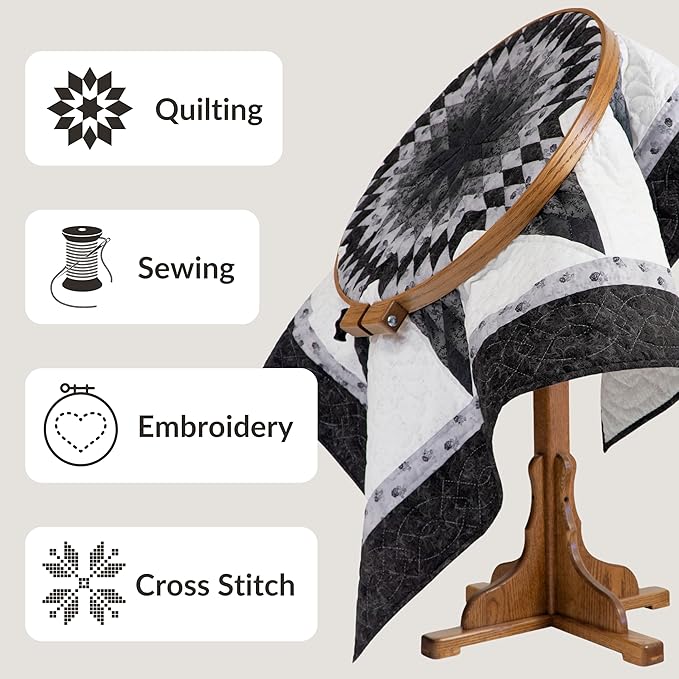 dutchcrafters solid oak wood 22 inch round extra large tilting quilt hoop with stand, quilting frame for hand quilting - amish made in america (medium walnut)