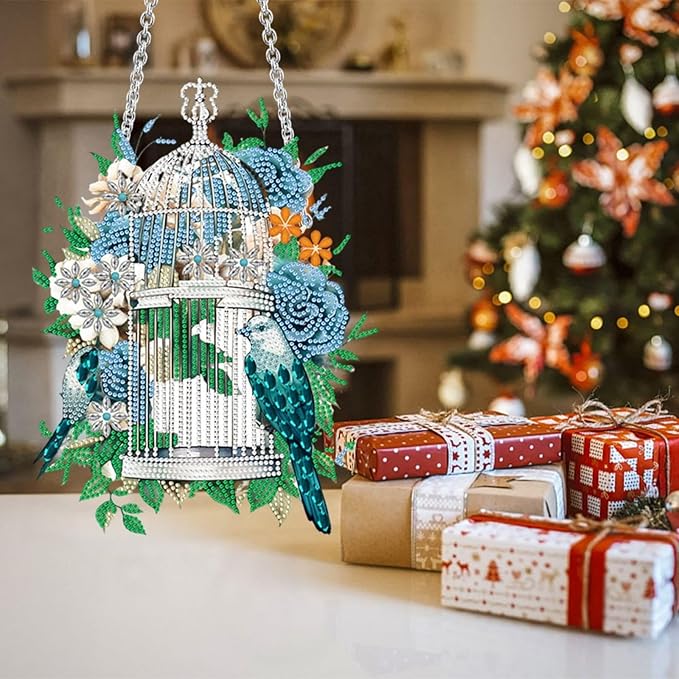 Flower Birdcage Design DIY Diamond Art Painting Wreath Kits Special Shaped Rhinestone Diamond Art Window Pendants Home Garden Wall Hanging Kits (Single Side Point Drill) (#11-Cat) (#05-Bird)