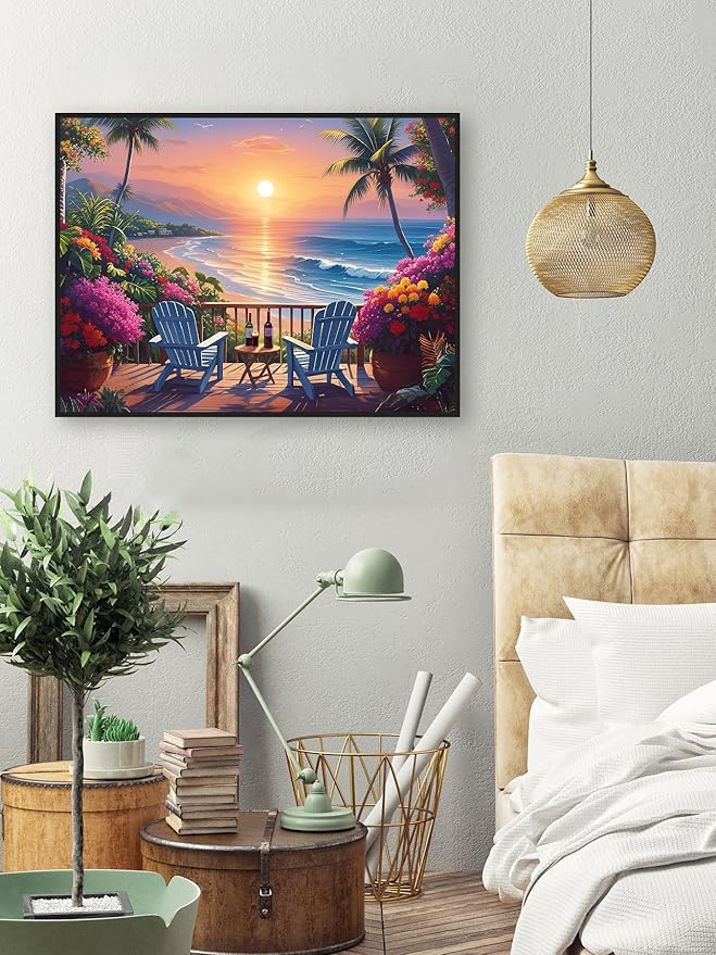 askkqtx Beach Sunset Diamond Art Kits for Adults, Coconut Tree Diamond Painting Kits for Beginners, DIY 5D Full Drill Crystal Flowers Diamond Dots Gem Art Craft Home Decor 16x12 Inch