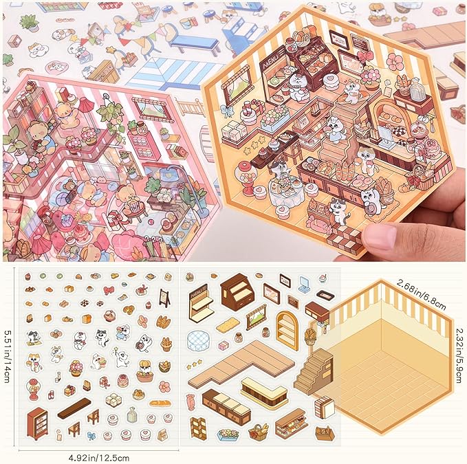 DIY 3D House Scene Stickers - 4 Sets, Warm Home, Supermarket, Bakery, Flower Shop,Cute Fun Stacking Miniature Cartoon for Adult Kids Relief Stress Pass The Time
