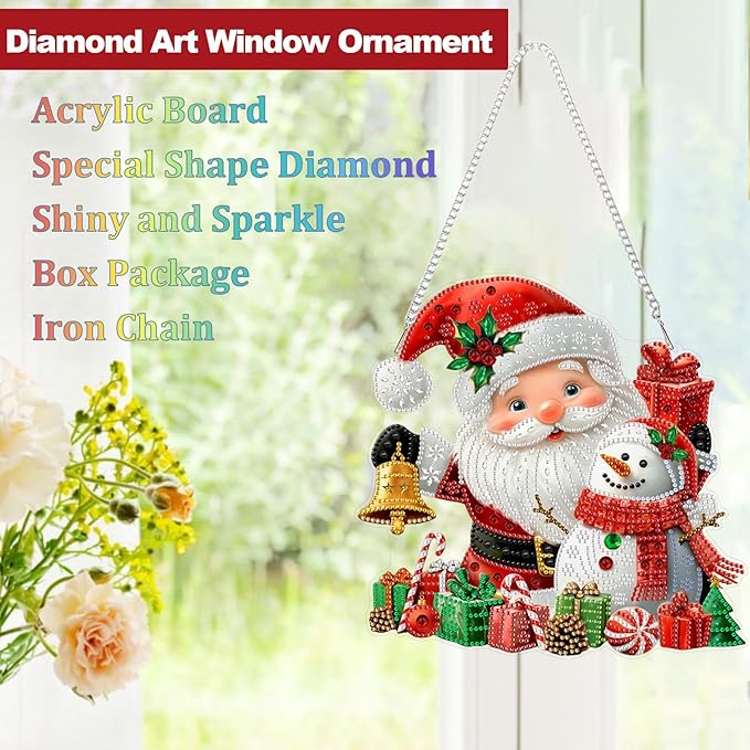 CEOVR Christmas Hanging Diamond Painting, Santa Claus Snowman Special Shape Diamond Art for Adults, Christmas Winter DIY Gem Art, Acrylic Home Garden Decor with Chain, Box Kit 9.37x9.3In