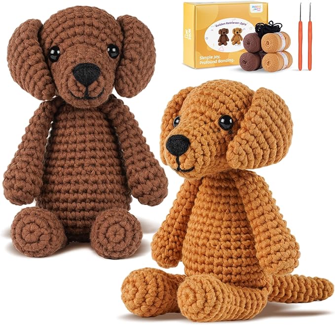 MOREJMTT Crochet Kit for Beginners, Knitting Kits,Crochet Animal Kits,Crocheting Kit for Starters with Step-by-Step Video Tutorials, Beginner Crochet Kits for Adults(2 Pack Golden Retriever)