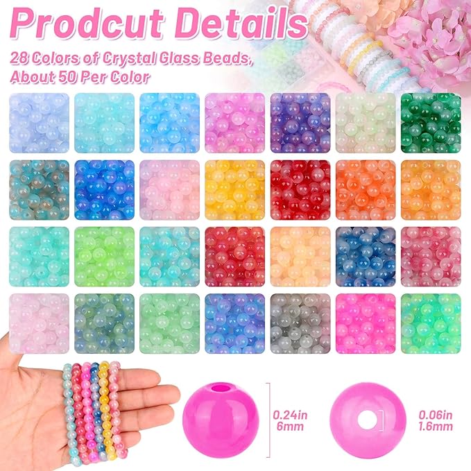 shynek 1400 Pieces 6mm Round Glass Beads for Bracelets, 28 Colors Bracelet Beads, Glass Crystal Beads for Jewelry Making, Bracelet Making and DIY Crafts(Gradient Mermaid Color)