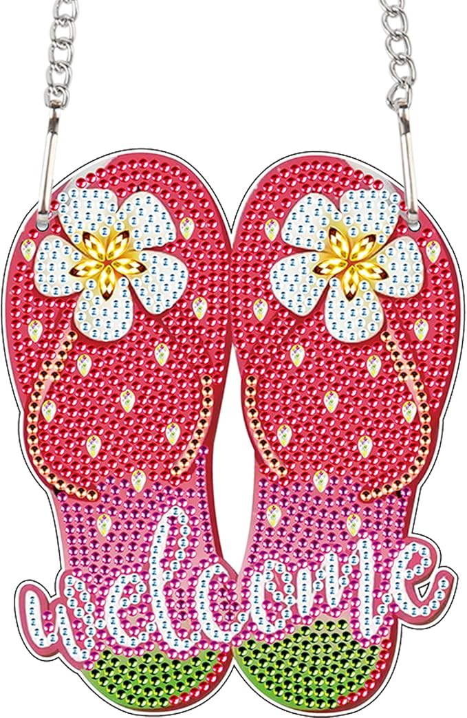 AiYuanzsh Welcome Flip Flops Diamond Painting Hanging Sign – 5D DIY Summer Door or Wall Decor Kit with Flowers – Colorful Rhinestone Craft Ornament with Tools